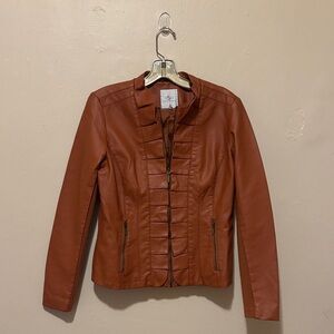 Chic Brown Leather Jacket with Ruffle Detail